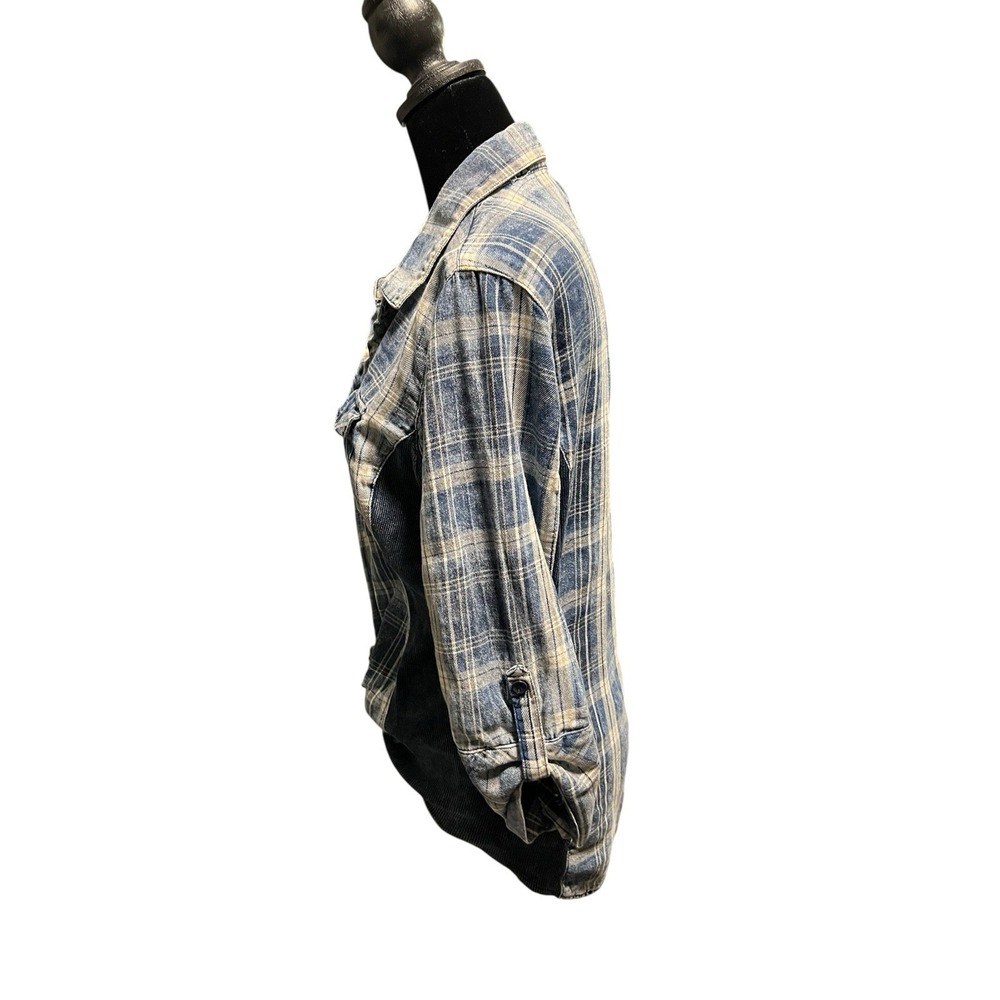 Ci Sono Button Down Shirt Large Blue Plaid Fitted Roll Tab Sleeves Western PTP22 - Picture 2 of 5